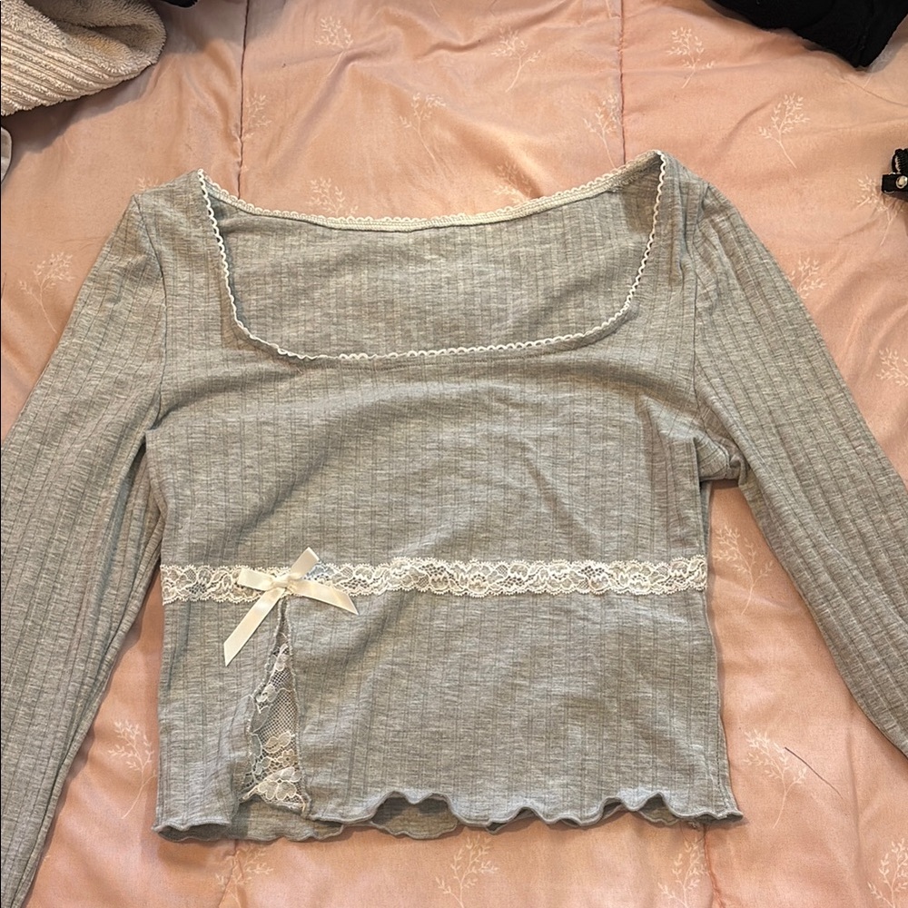 Women's Gray Lace Trim Top